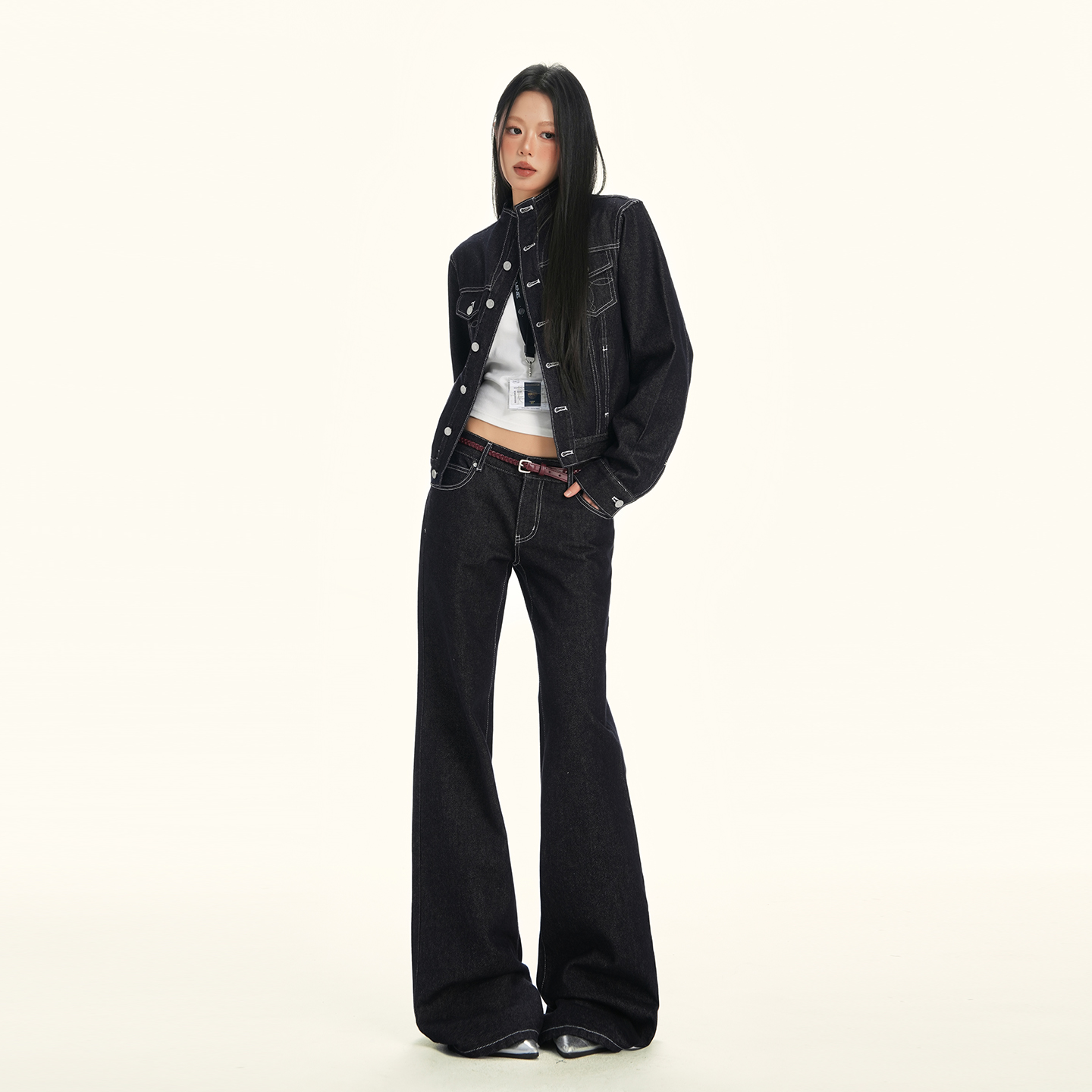 美式復古深藍色微喇牛仔褲女秋冬季新款低腰褲子顯瘦垂感喇叭長褲
