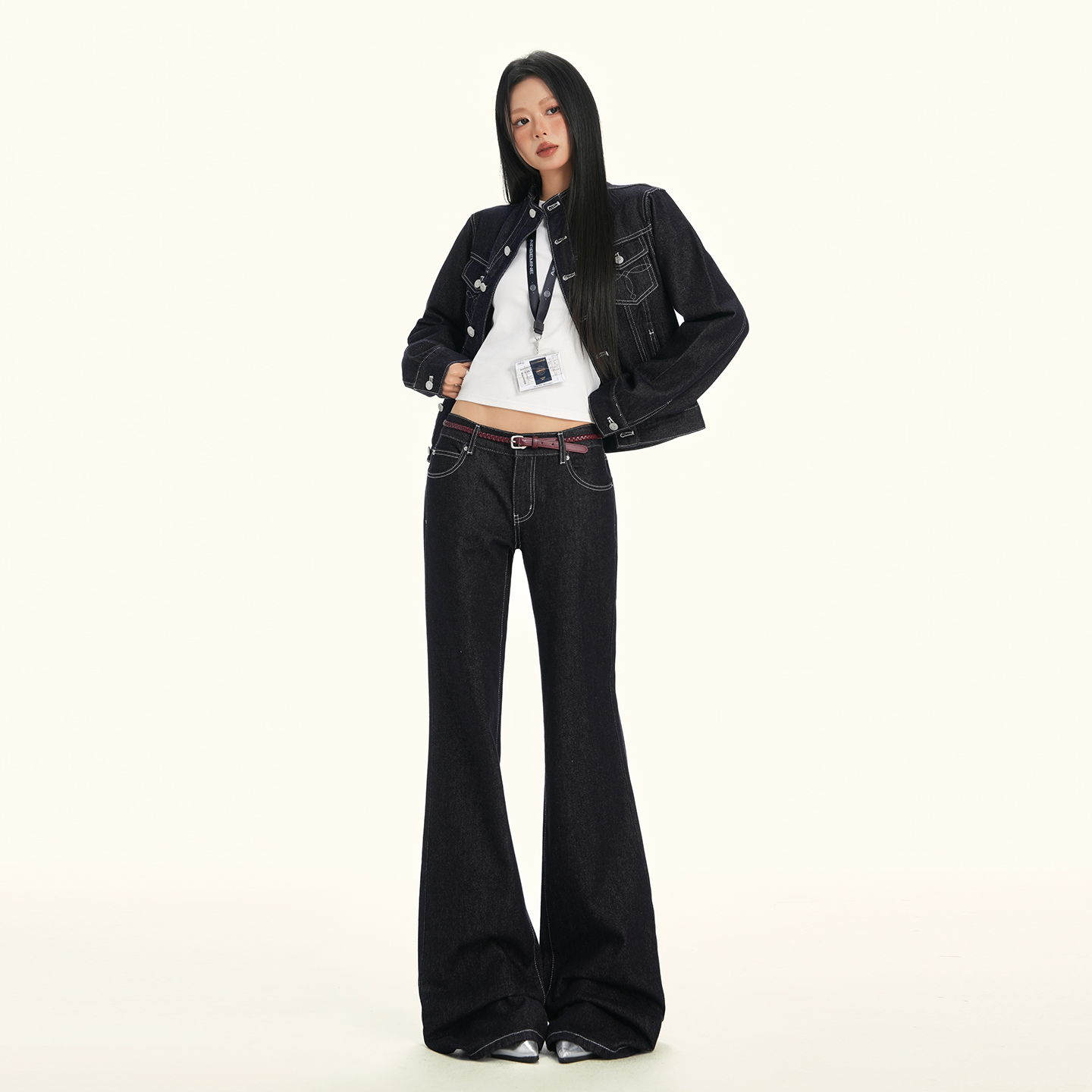 美式復古深藍色微喇牛仔褲女秋冬季新款低腰褲子顯瘦垂感喇叭長褲
