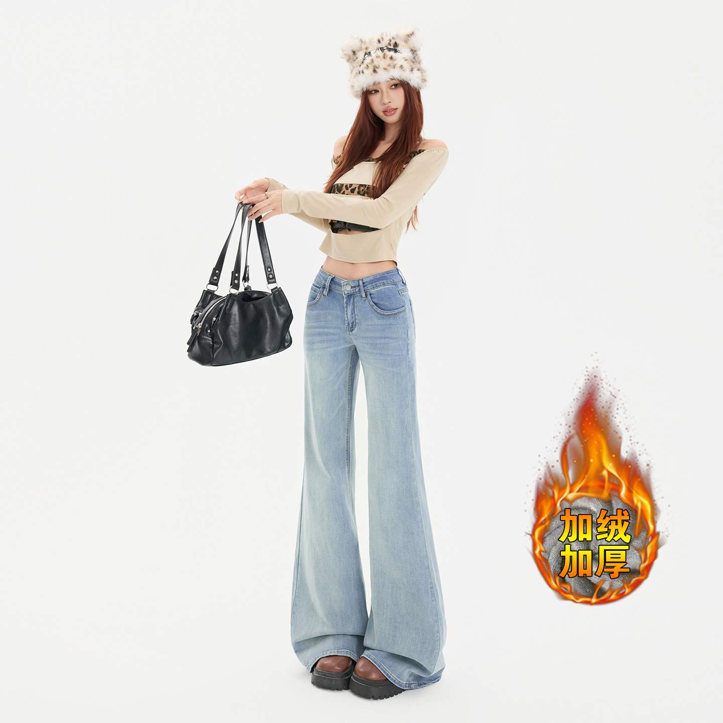 淺藍色低腰微喇牛仔褲女2025秋冬加絨辣妹彈力不貼腿拖地喇叭褲子