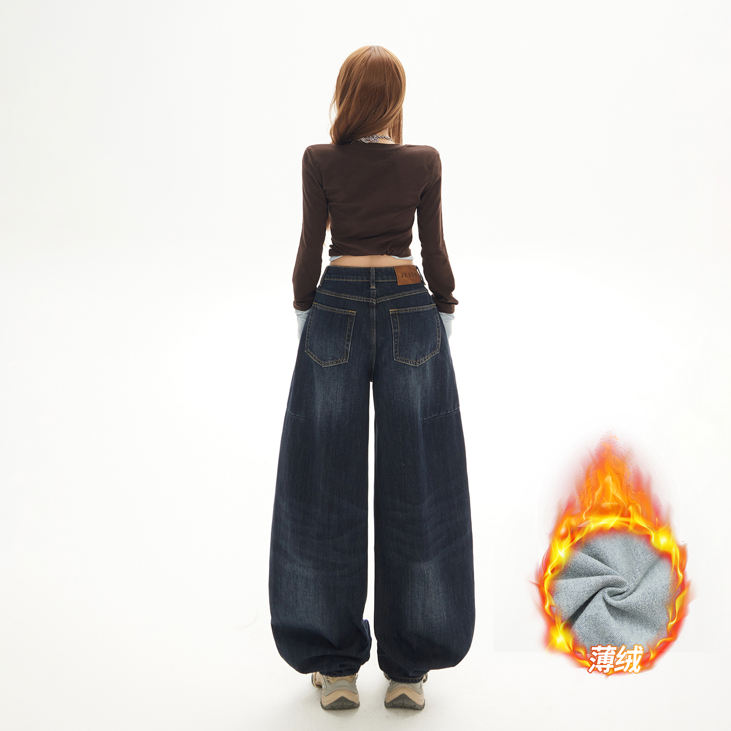 美式復古寬松闊腿牛仔褲女秋冬季新款辣妹顯瘦低腰薄絨拖地鐮刀褲