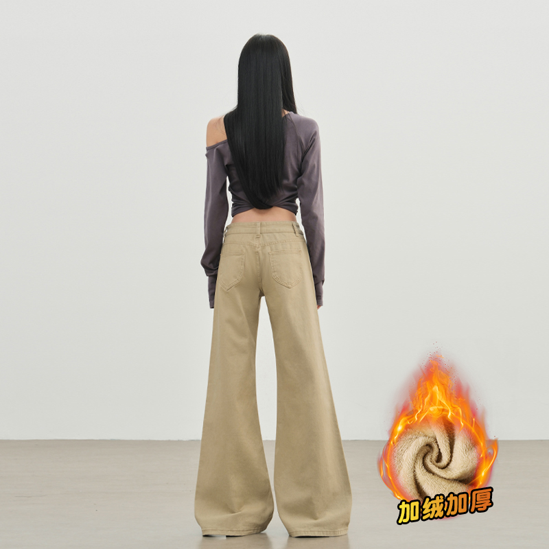 美式卡其色加絨微喇叭牛仔褲女秋冬新款百搭顯瘦不貼腿拖地長褲子