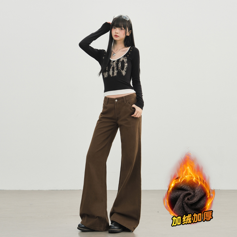 美式復古加絨咖色微喇叭牛仔褲女秋冬新款辣妹低腰垂感顯瘦長褲子
