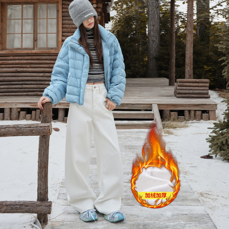 厚絨美拉德白色闊腿牛仔褲女秋冬新款美式彎刀高街顯瘦休閑拖地褲