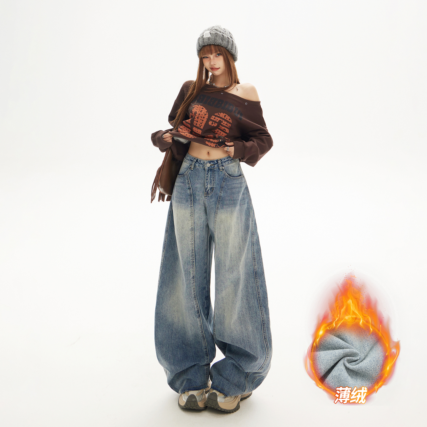 美式復古高腰寬松闊腿褲女秋冬新款薄絨彎刀百搭毛邊香蕉牛仔褲子