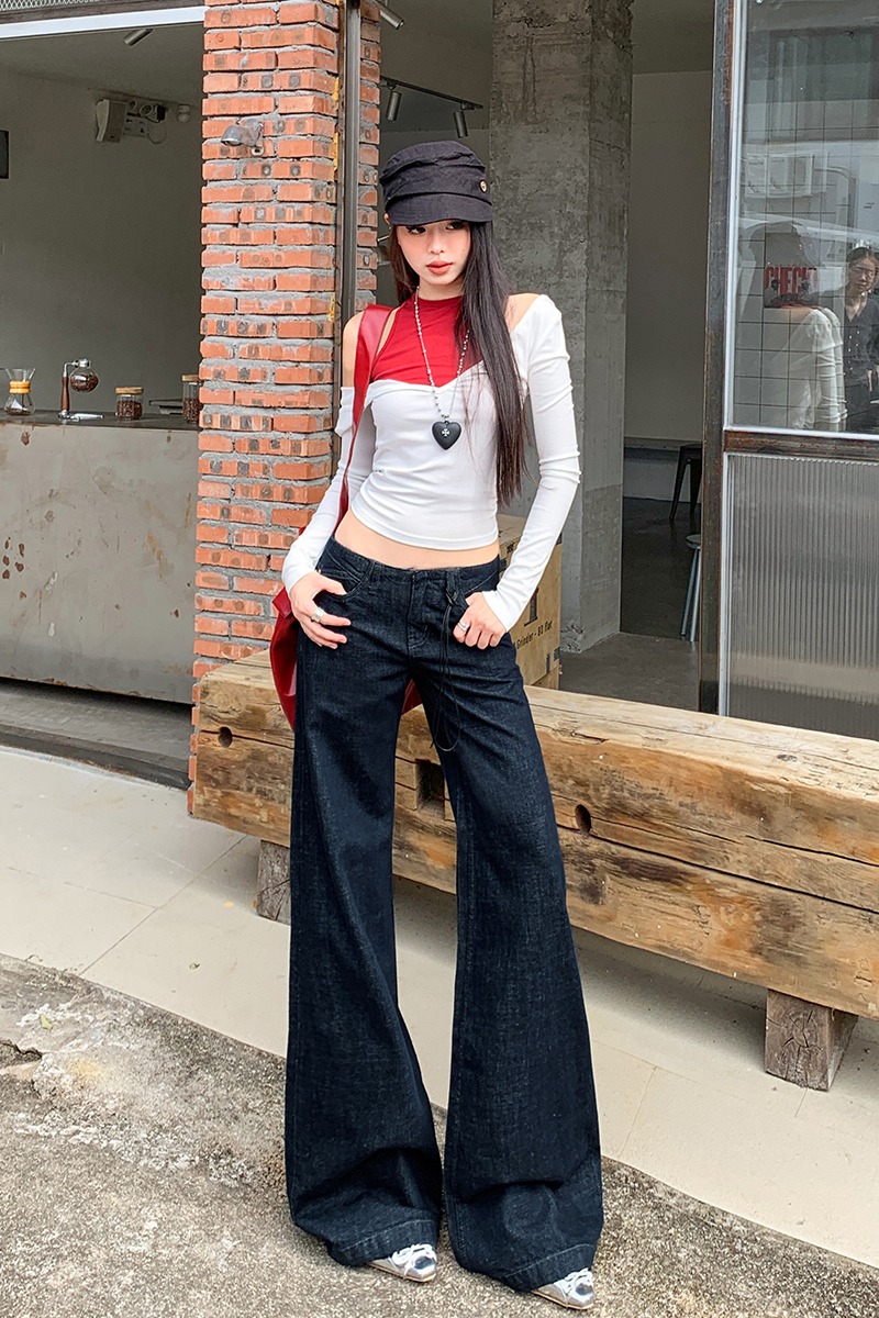 掛繩美式原牛復古垂感水洗直筒低腰百搭牛仔褲女秋冬新款直筒褲