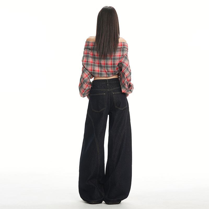 美式復古深藍色闊腿牛仔褲女2025秋冬新款高腰寬松顯瘦百搭彎刀褲