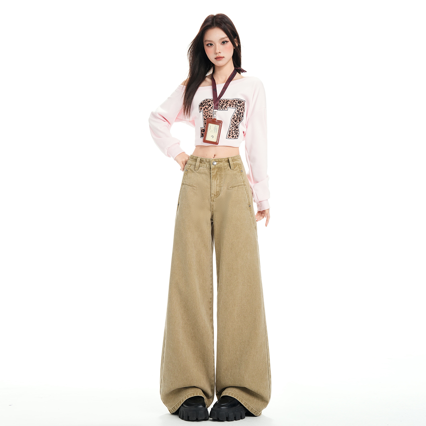 美式高街褶皺彎刀牛仔褲女秋季新款高腰寬松顯瘦垂感慵懶風闊腿褲