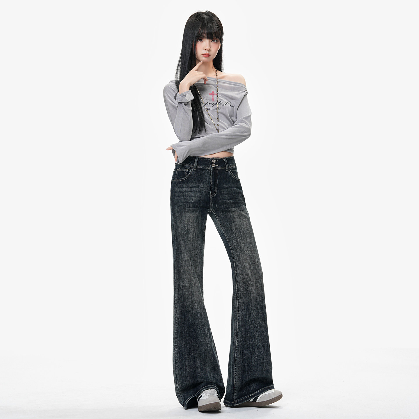 美式微喇高腰藍灰色牛仔褲女2025秋冬新款雙扣彈力顯瘦拖地喇叭褲