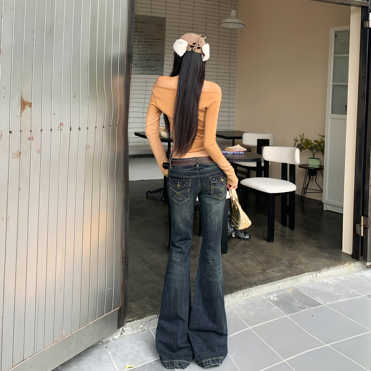 美式復古辣妹低腰微喇牛仔褲女秋冬季柳釘設計修身顯瘦小眾喇叭褲