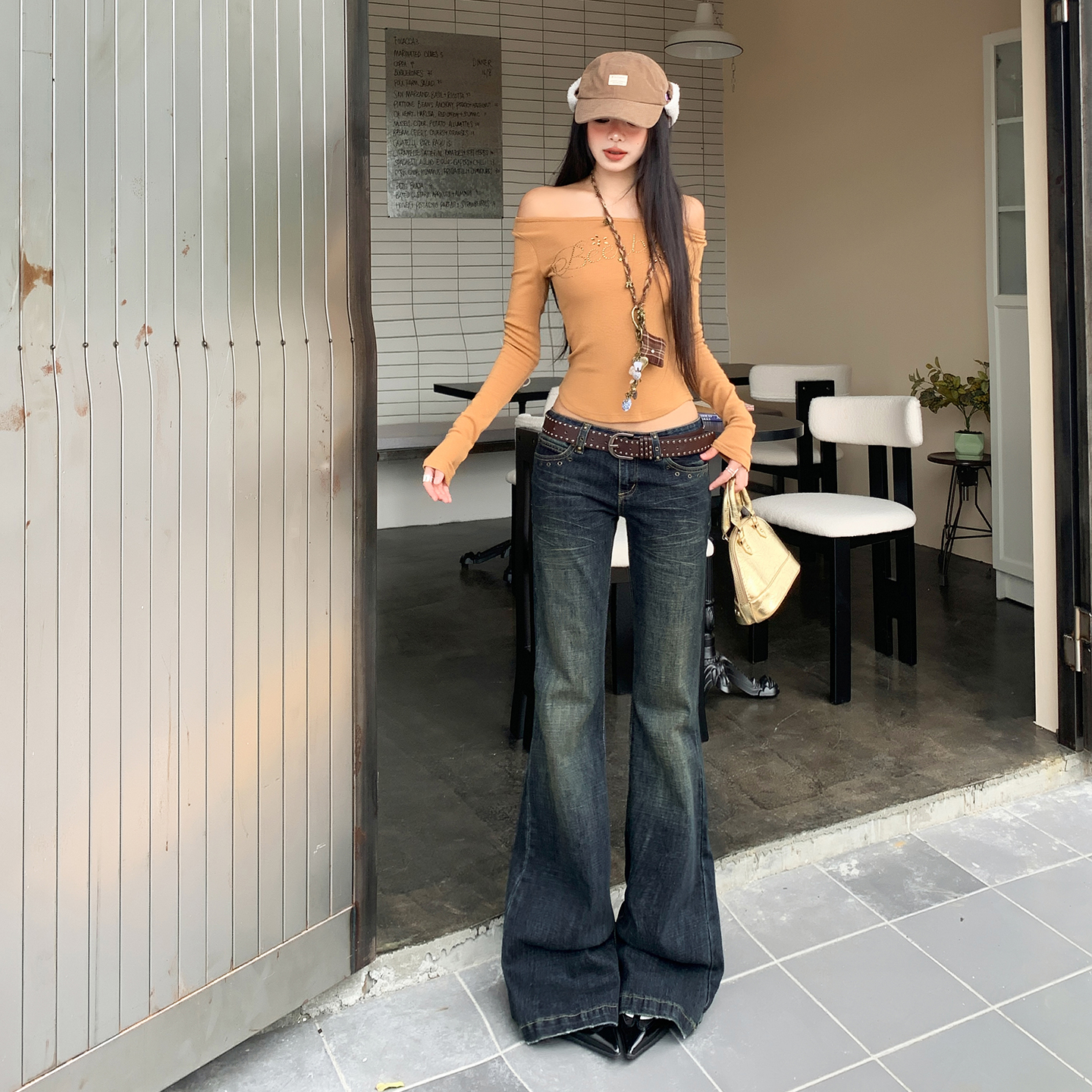 美式復古辣妹低腰微喇牛仔褲女秋冬季柳釘設計修身顯瘦小眾喇叭褲