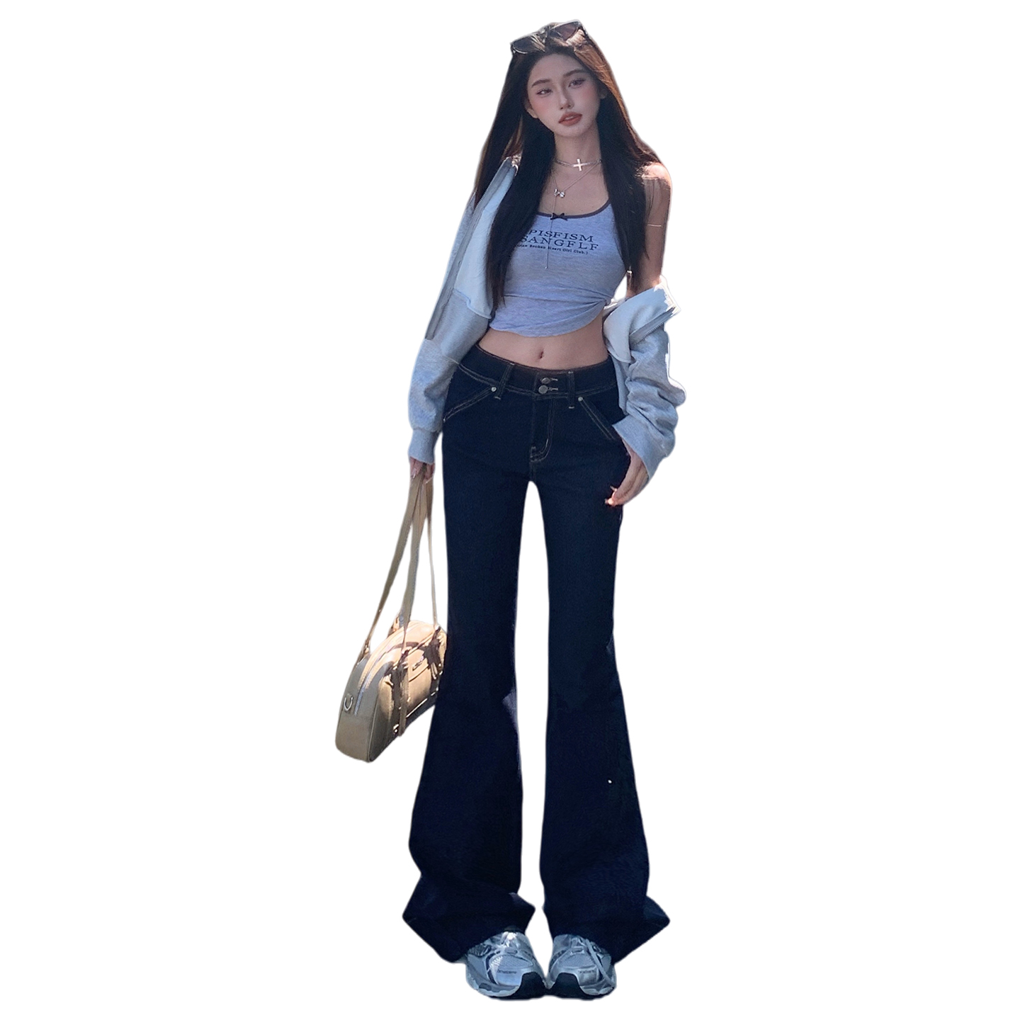 美式復古雙扣寬邊褲腳設計彈力微喇牛仔褲女新款辣妹百搭垂感長褲
