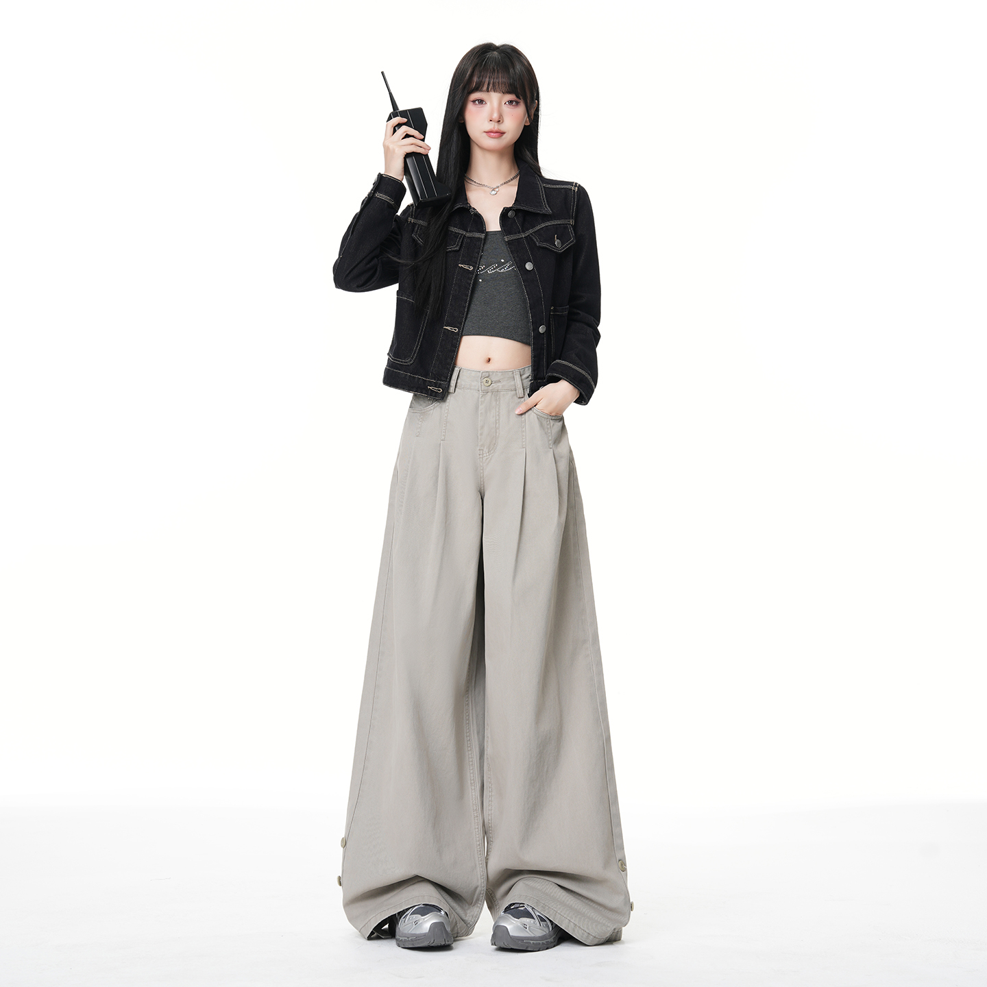 美式復古灰綠色褶皺闊腿牛仔褲女新款褲邊搭扣調節設計寬松直筒褲