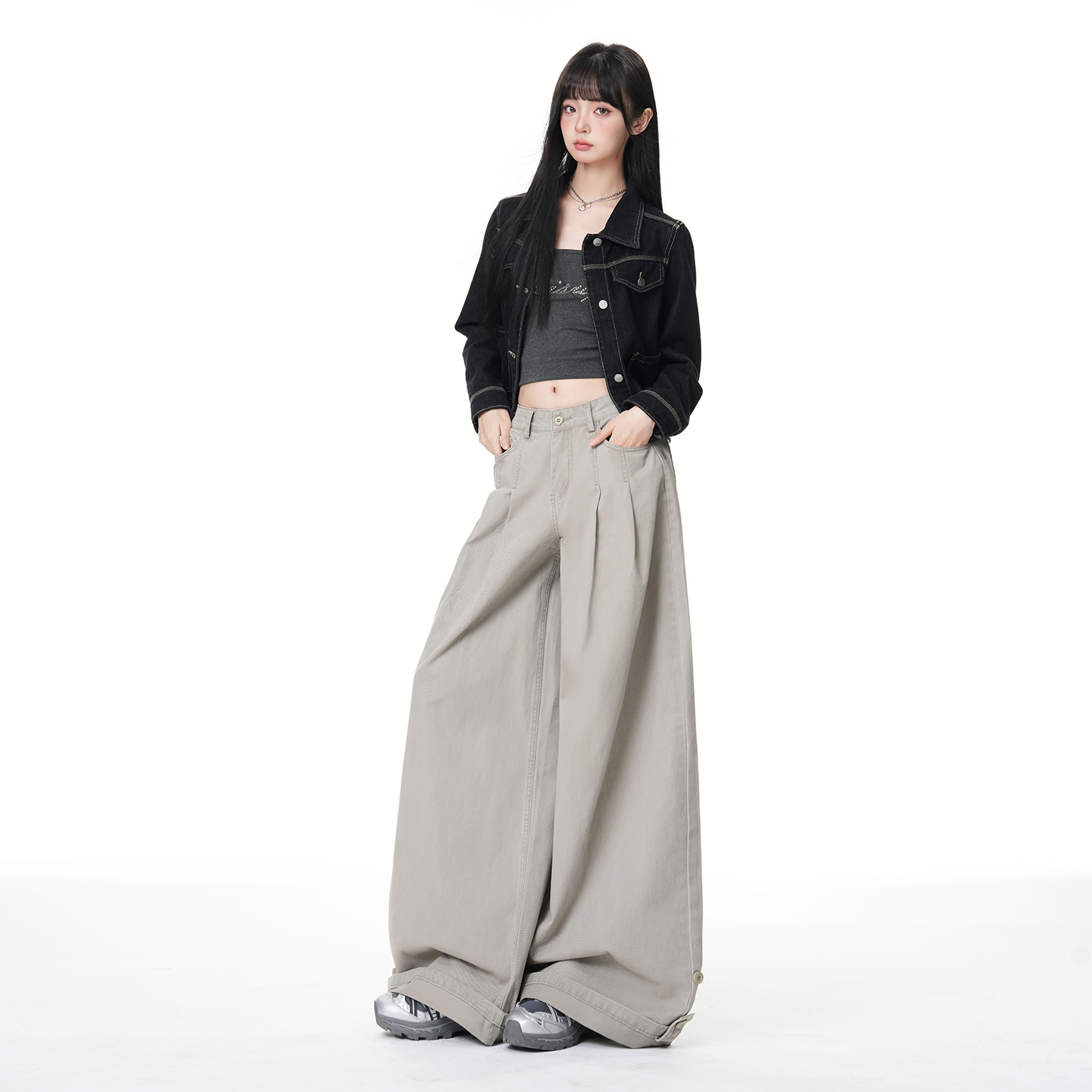 美式復古灰綠色褶皺闊腿牛仔褲女新款褲邊搭扣調節設計寬松直筒褲