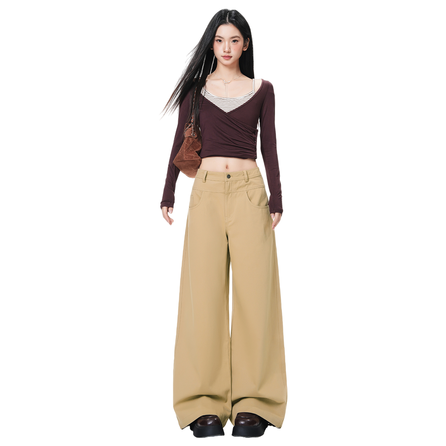 美拉德卡其色闊腿牛仔褲女2025新款高腰寬松通勤百搭顯瘦直筒褲子