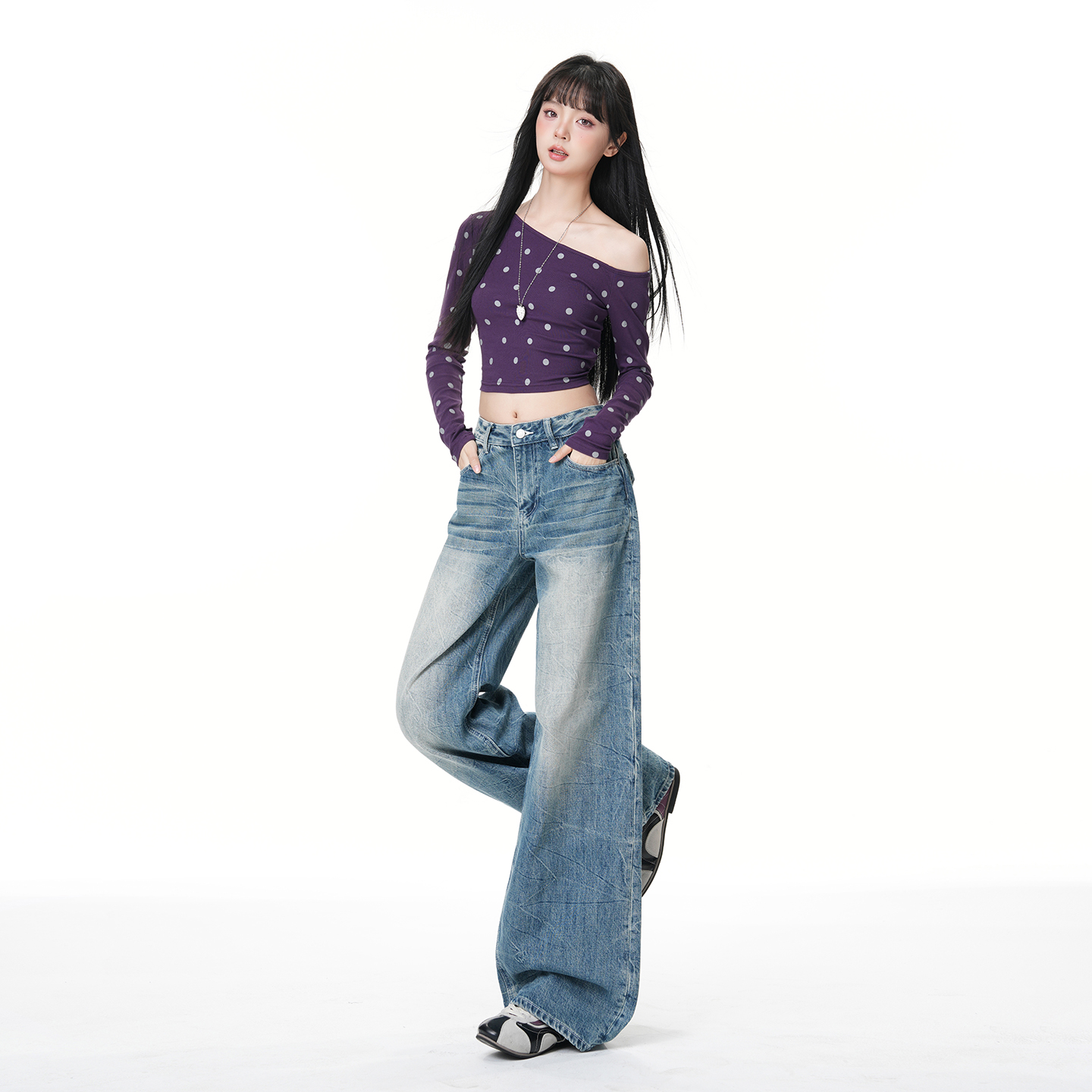 美式復古做舊壓皺工藝低腰寬松直筒牛仔褲女2026春季新款休閑褲子