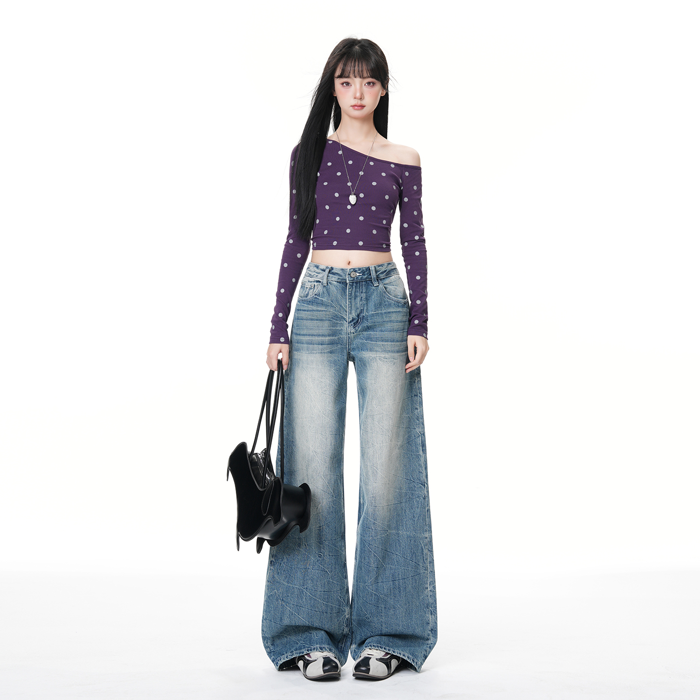 美式復古做舊壓皺工藝低腰寬松直筒牛仔褲女2026春季新款休閑褲子