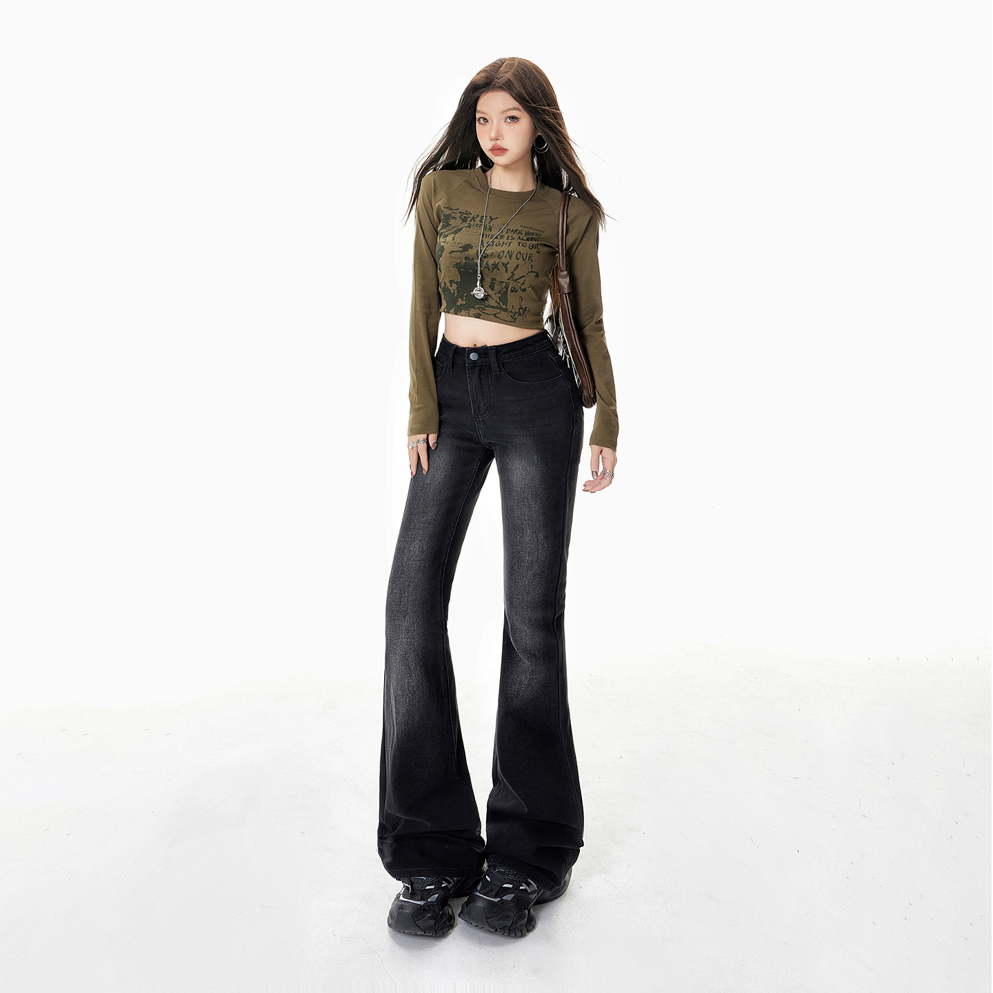 美式復古漸變辣妹微喇叭褲女秋冬新款百搭垂感修身顯瘦彈力牛仔褲
