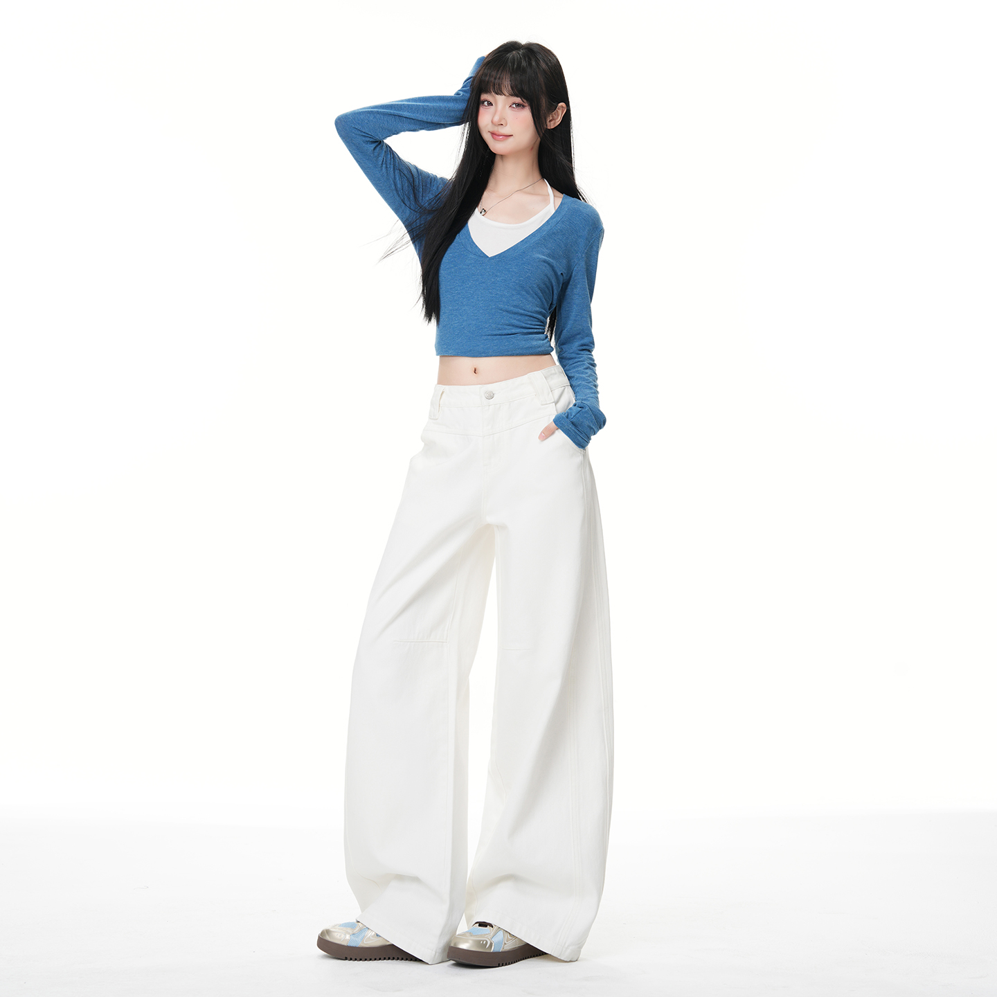 美式復古白色牛仔褲女2026春季新款解構拼接寬松顯瘦直筒闊腿褲女