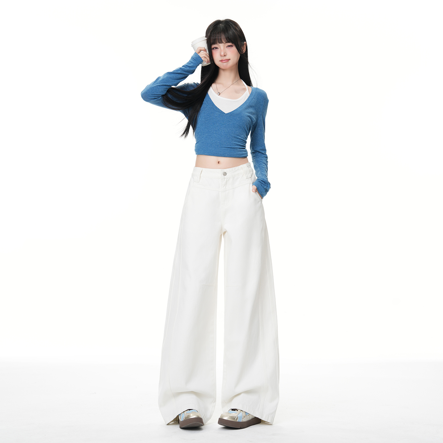 美式復古白色牛仔褲女2026春季新款解構拼接寬松顯瘦直筒闊腿褲女