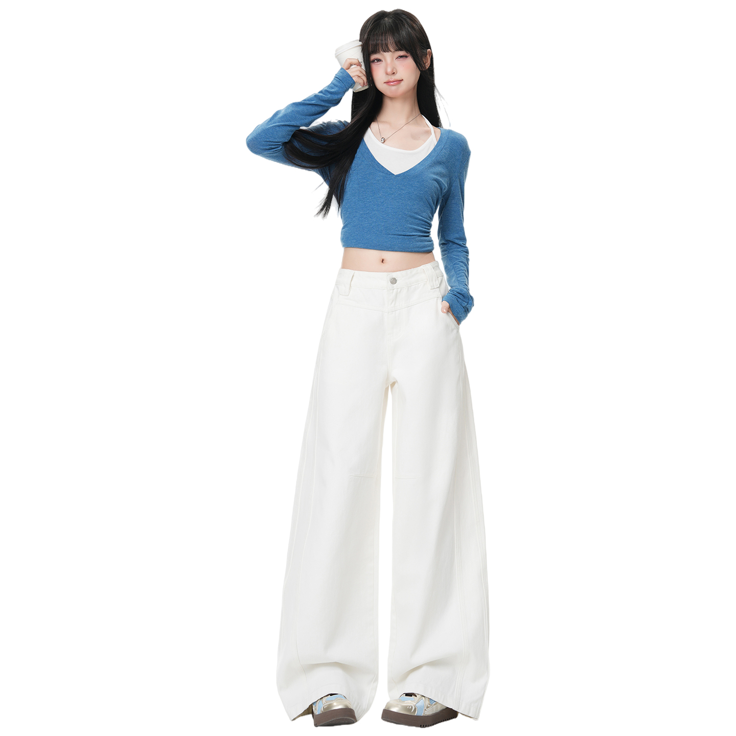 美式復古白色牛仔褲女2026春季新款解構拼接寬松顯瘦直筒闊腿褲女