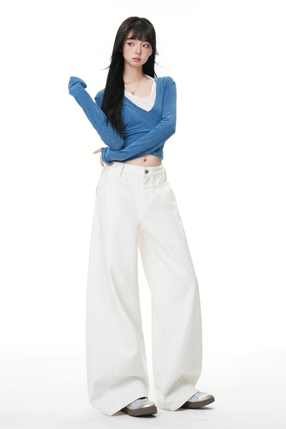 美式復古白色牛仔褲女2026春季新款解構拼接寬松顯瘦直筒闊腿褲女