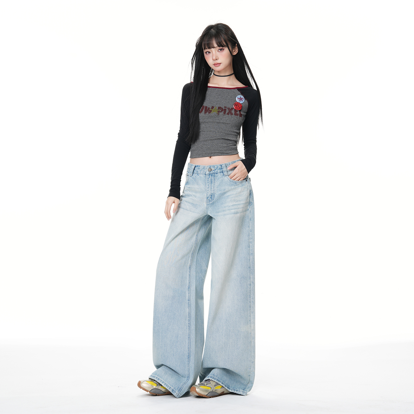 美式復古做舊貓須壓皺工藝寬松闊腿牛仔褲女2026春夏新款百搭褲子