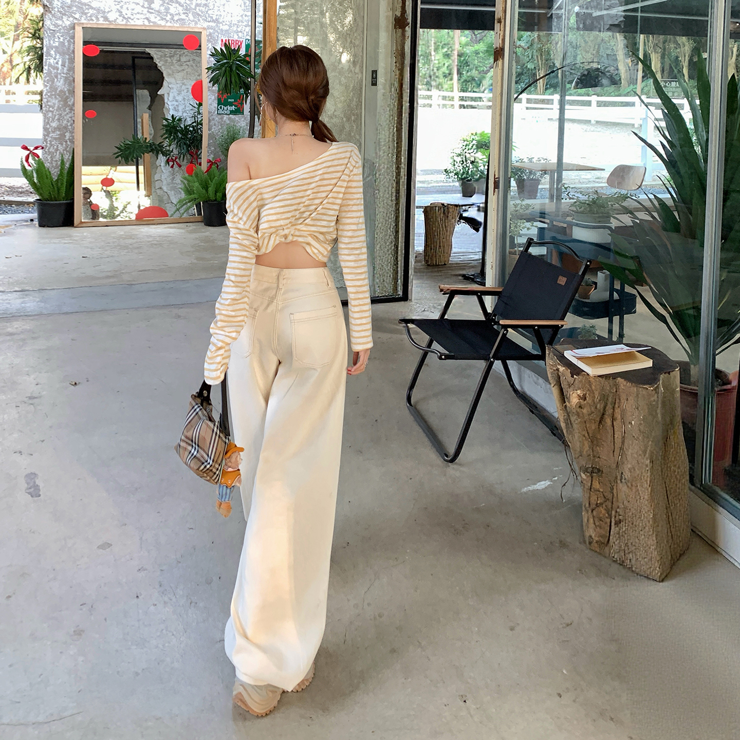 美式復古高腰杏色寬松闊腿褲女春夏新款百搭彎刀褲牛仔褲女香蕉褲