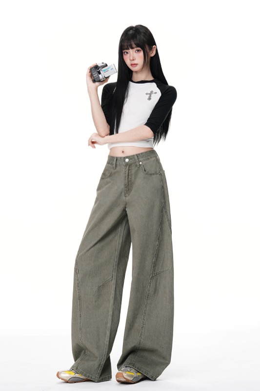 美式復古軍綠色工裝褲男女春季新款直筒寬松解構設計休閑闊腿褲子