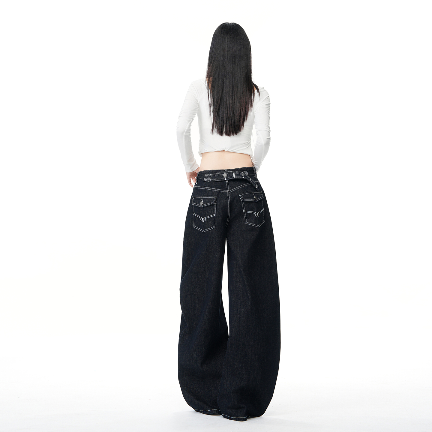 美式復古明線撞色解構廓形女2026春季新款寬松闊腿顯瘦彎刀牛仔褲