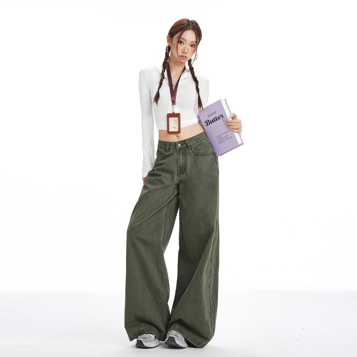美式軍綠色高腰直筒闊腿牛仔褲女2026春季新款寬松垂感拖地直筒褲