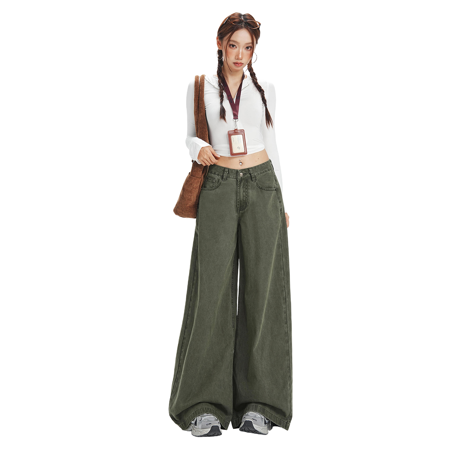 美式軍綠色高腰直筒闊腿牛仔褲女2026春季新款寬松垂感拖地直筒褲