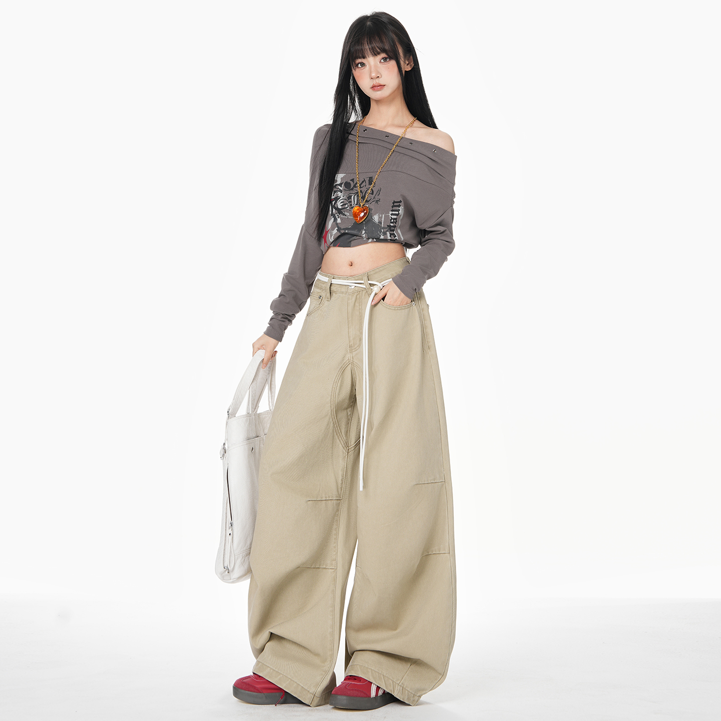 美式卡其色彎刀牛仔褲女2026年春季新款高腰顯瘦寬松拖地闊腿長褲