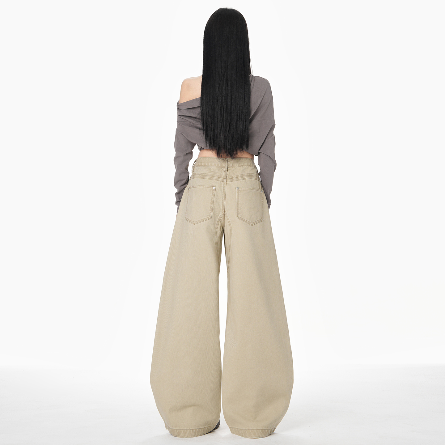 美式卡其色彎刀牛仔褲女2026年春季新款高腰顯瘦寬松拖地闊腿長褲