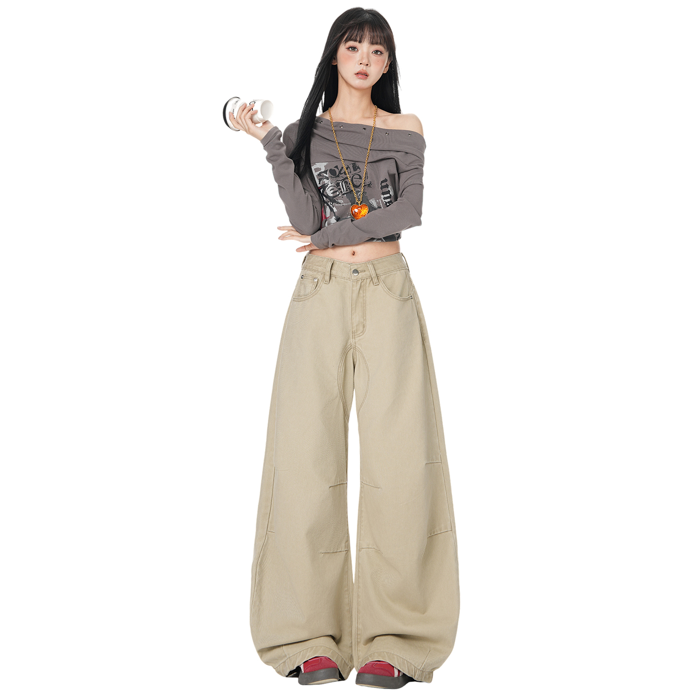 美式卡其色彎刀牛仔褲女2026年春季新款高腰顯瘦寬松拖地闊腿長褲