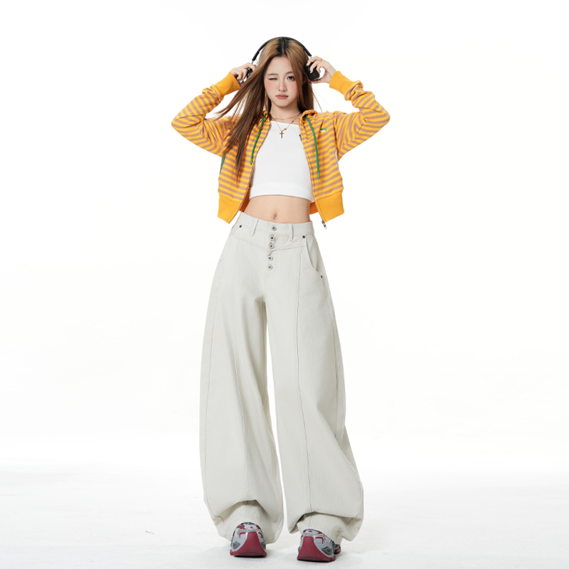 灰白色美式復古單排扣牛仔褲女春季新款高腰寬松百搭闊腿長褲子