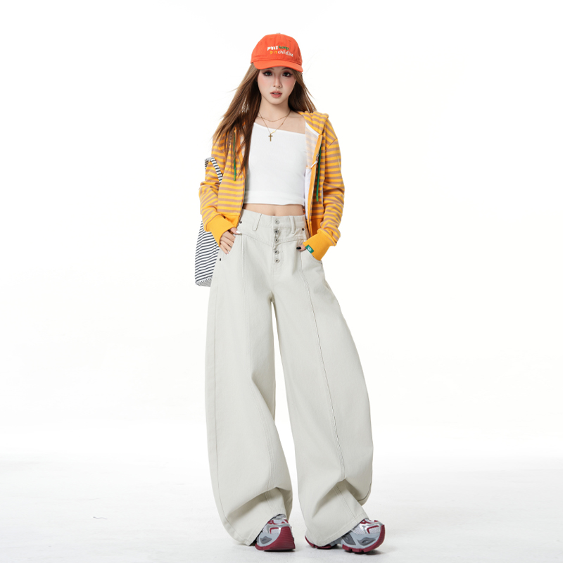 灰白色美式復古單排扣牛仔褲女春季新款高腰寬松百搭闊腿長褲子