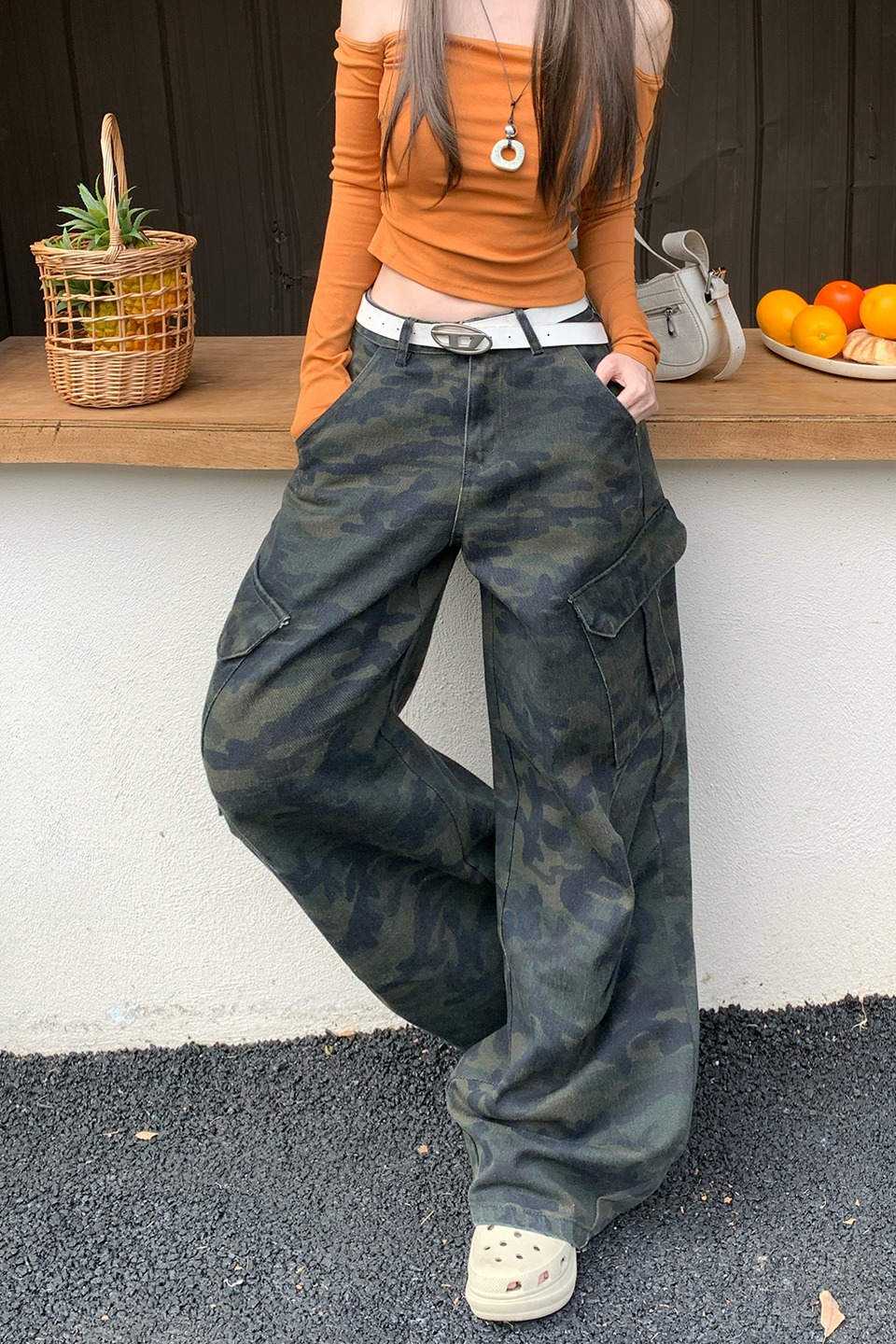 美式復古迷彩鐮刀工裝褲男女春季新款寬松顯瘦闊腿休閑解構彎刀褲