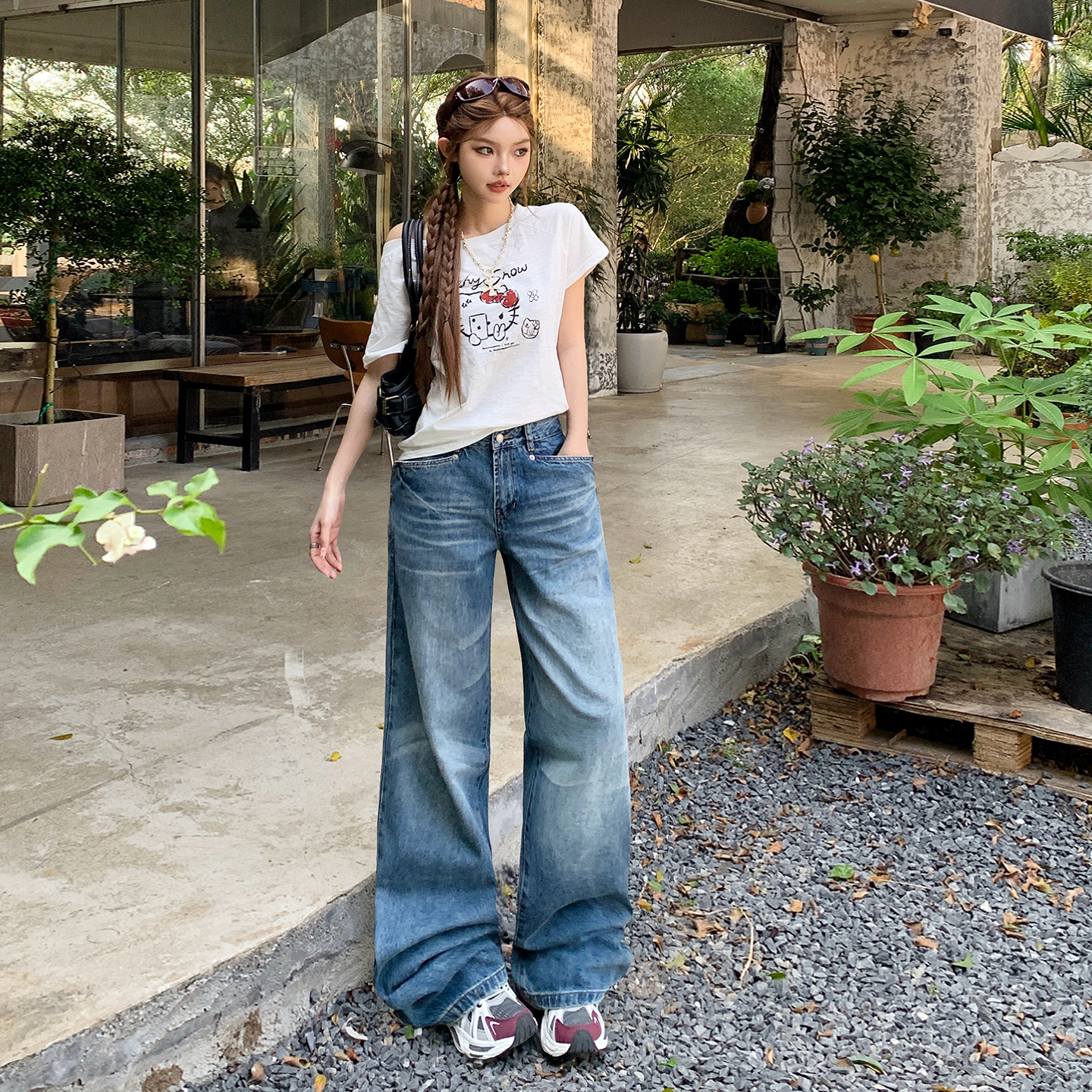 美式復古低腰寬松顯瘦直筒褲女2026春夏新款百搭貓紋垂感牛仔褲