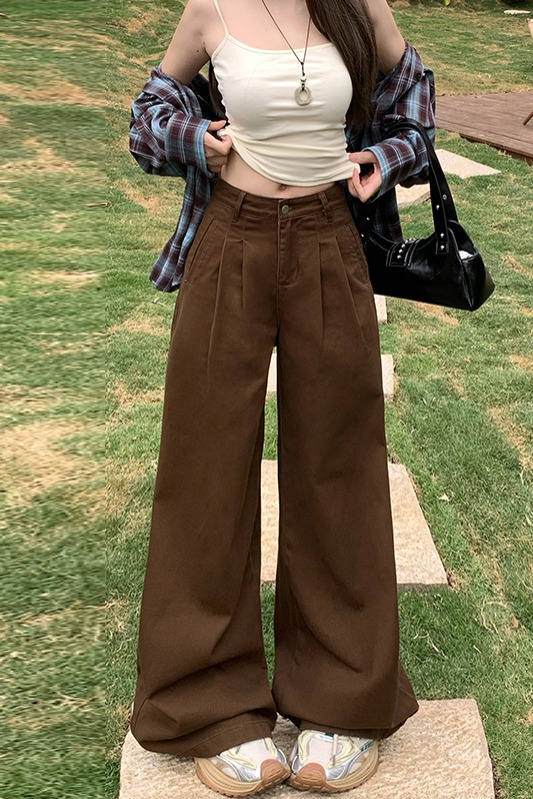美式復古棕咖色直筒牛仔褲女2026春季新款高腰褶皺垂感直筒拖地褲