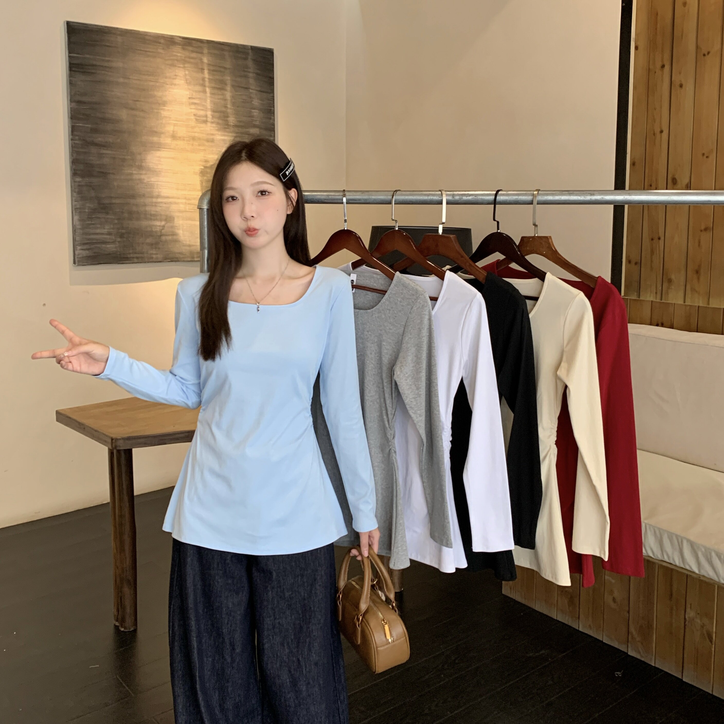 MY13938# 胖mm大码正肩方领遮肚显瘦中长款百搭长袖打底衫女裝貨源服裝批發