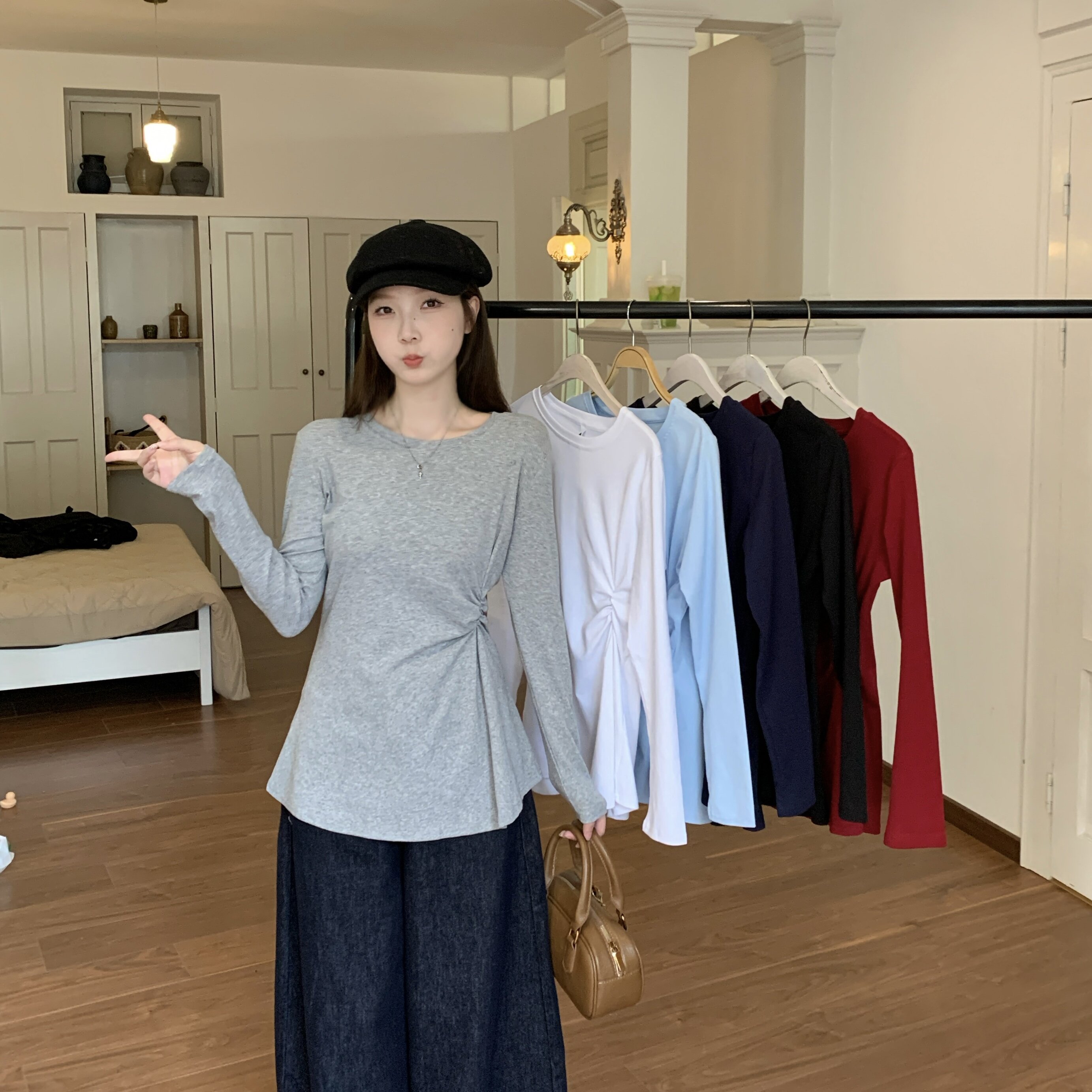 MY13937# 胖MM不规则设计感褶皱中长款t恤大码长袖上衣女女裝貨源服裝批發