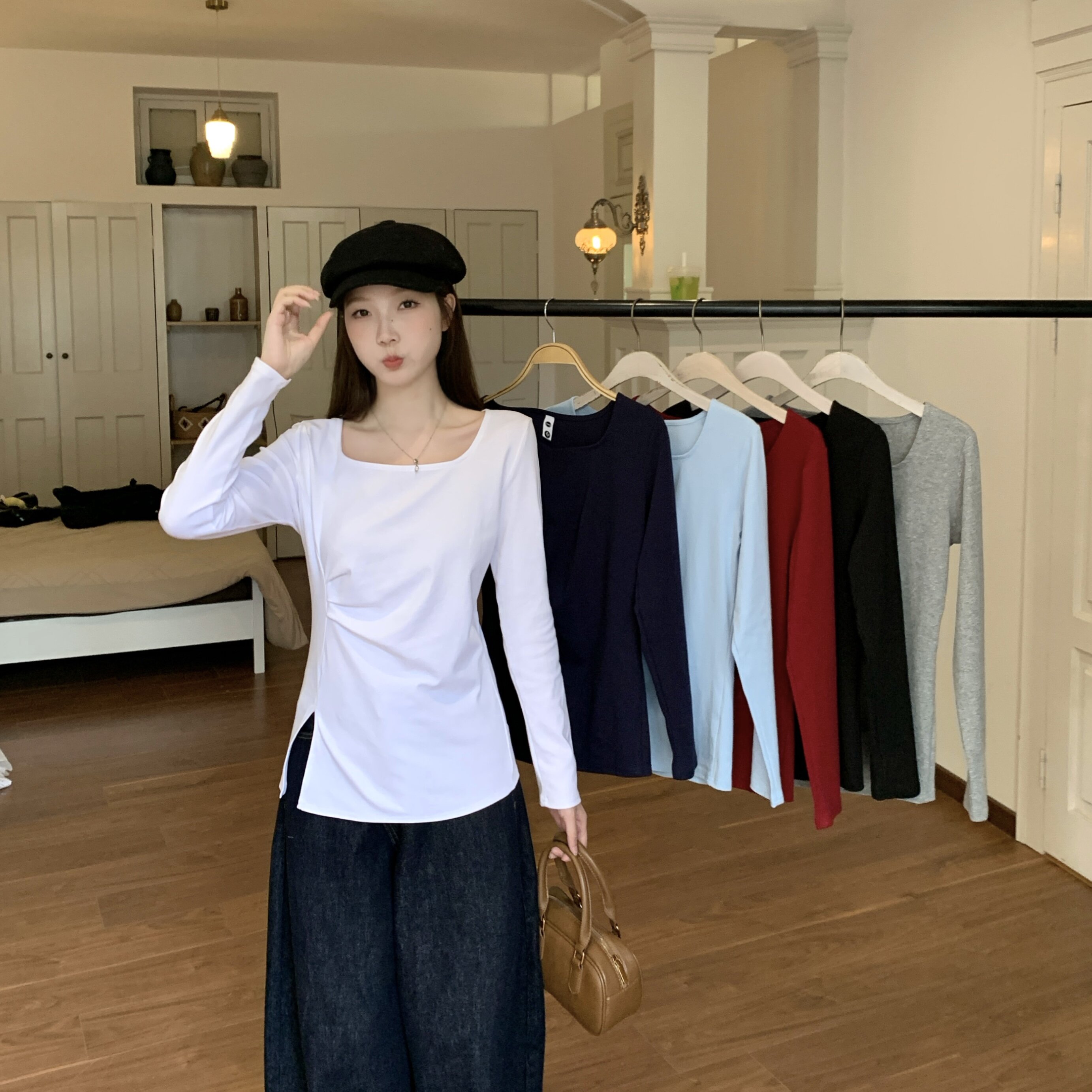 MY13936# 胖MM大码褶皱收腰方领口正肩秋季遮肚子显瘦长袖T恤女女裝貨源服裝批發