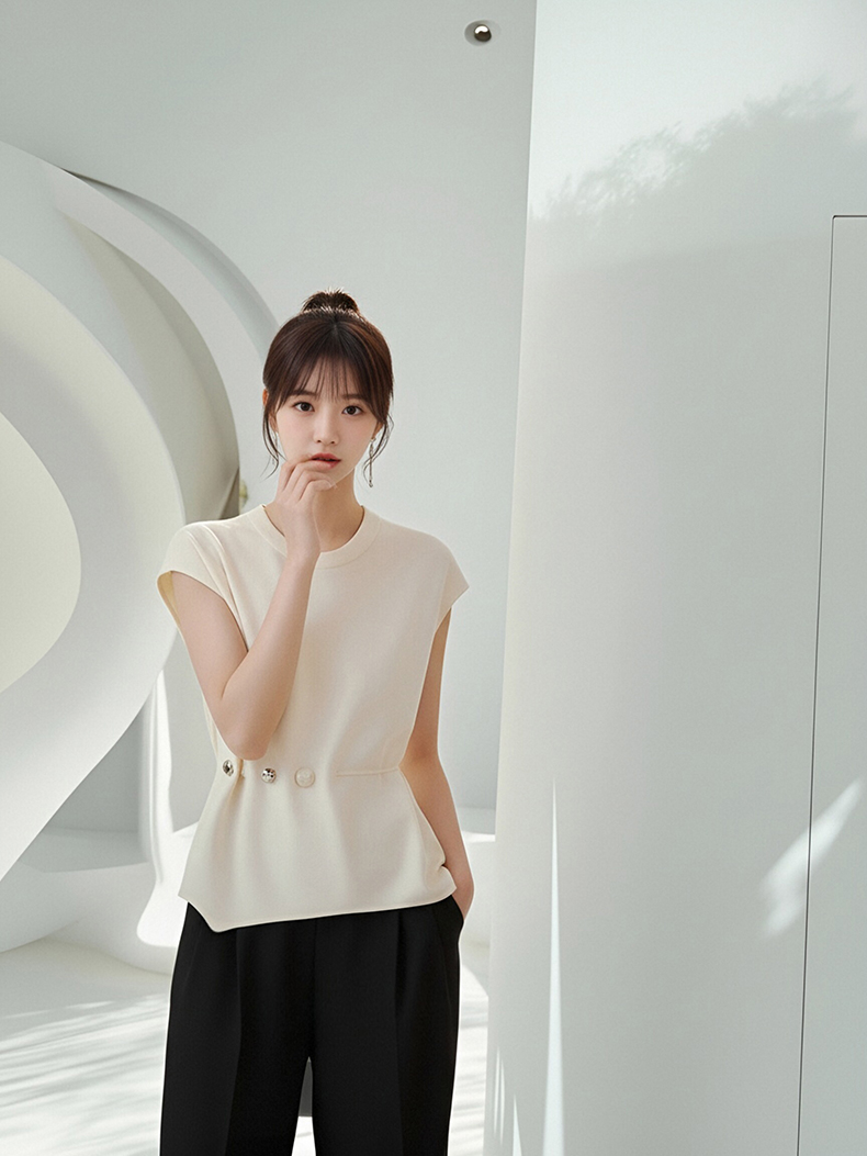 RY2374# 实拍米白高级感圆领无袖短袖女2026春季新款内搭宽肩休闲内...