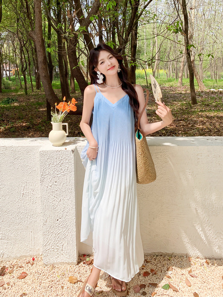 RY2376# 设计感小众渐变撞色海边度假吊带长裙女款雪纺垂感显瘦连衣裙