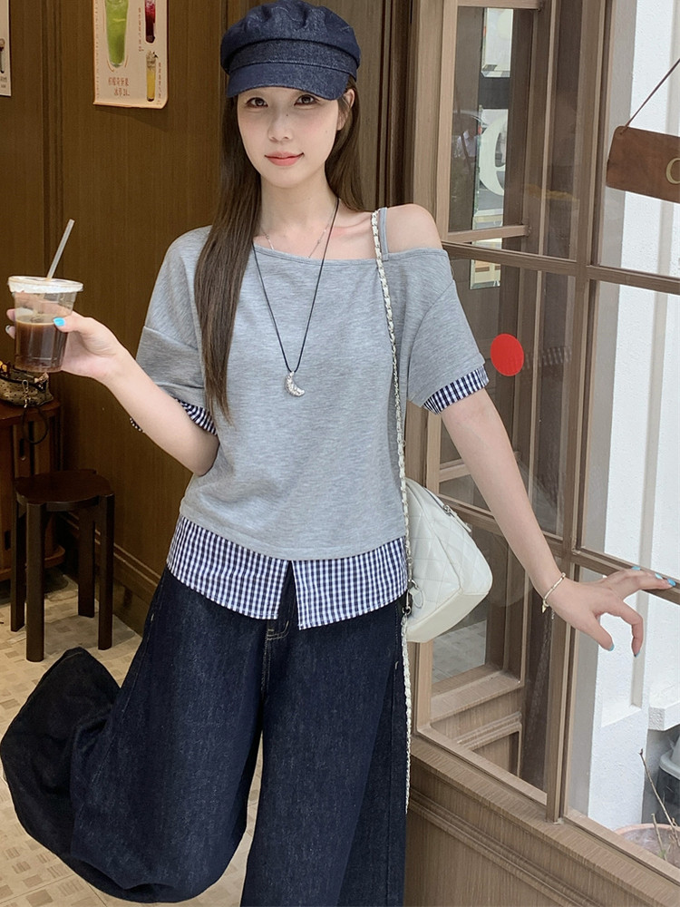 RY2375# 女装新款胖mm法式复古一字肩短袖T恤女夏格子拼接露肩上衣潮