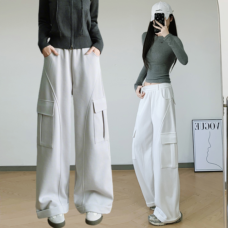 MY16755# 工装裤哈伦束脚高腰棉裤休闲中裤松紧腰薄款百褶运动女裝貨源服裝批發