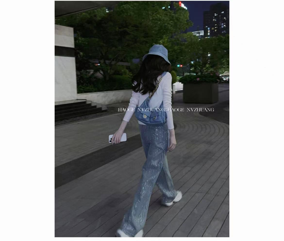 閃閃褲夏季薄款闊腿牛仔褲設計滿鉆時尚百搭設計牛仔褲重工長褲女
