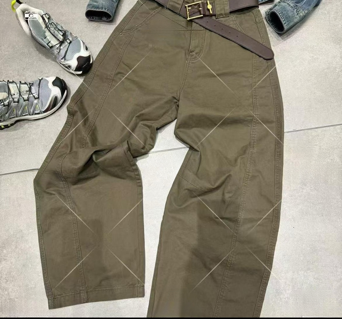早秋潮流立體口袋工裝褲 高腰休閑顯瘦洗水牛仔褲軍綠直筒闊腿褲