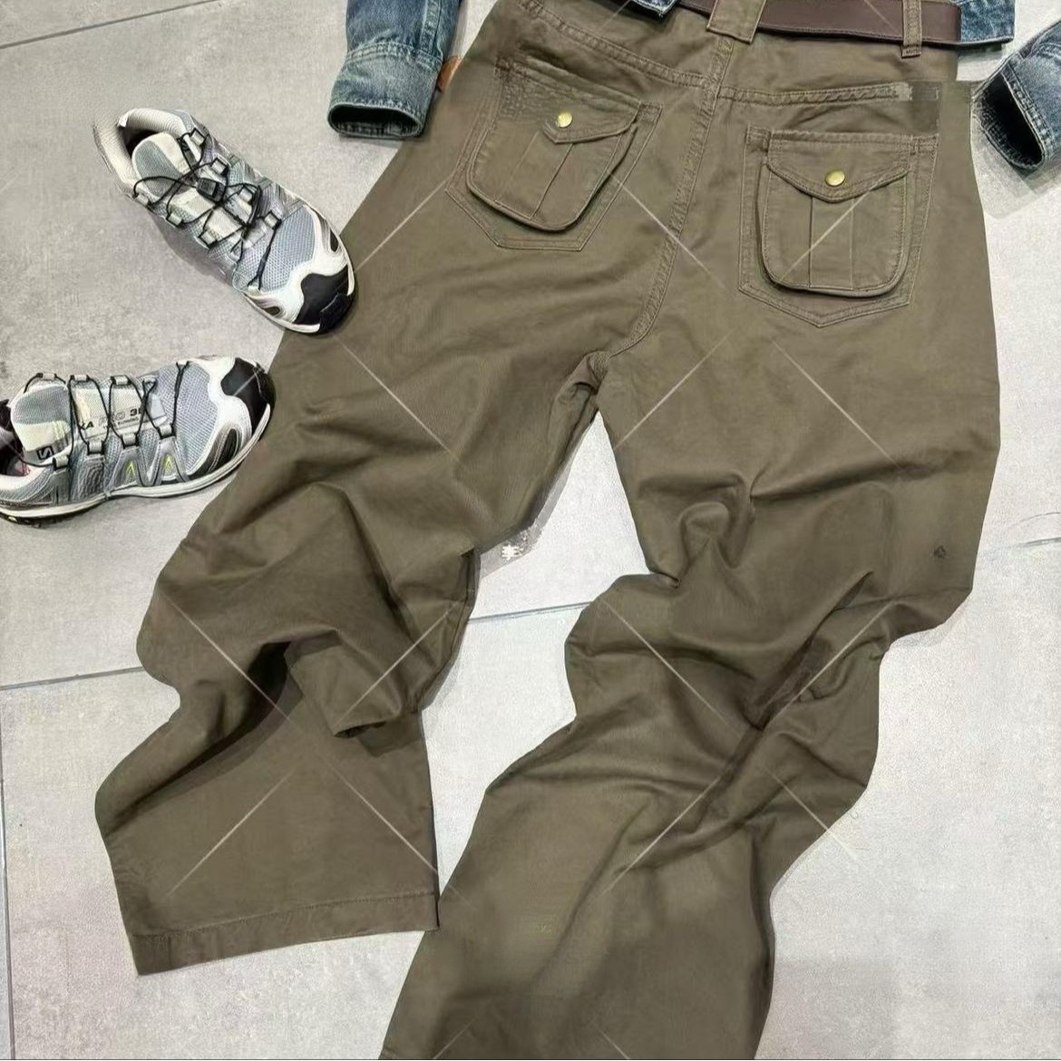 早秋潮流立體口袋工裝褲 高腰休閑顯瘦洗水牛仔褲軍綠直筒闊腿褲