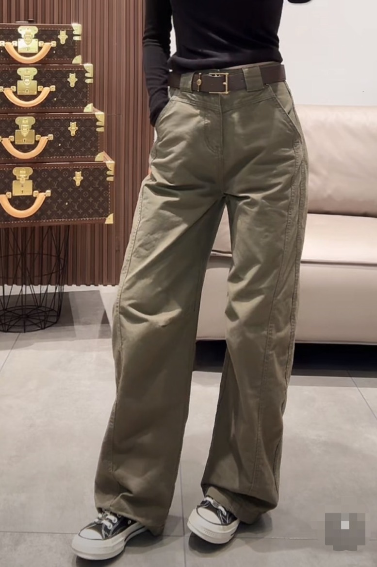 早秋潮流立體口袋工裝褲 高腰休閑顯瘦洗水牛仔褲軍綠直筒闊腿褲